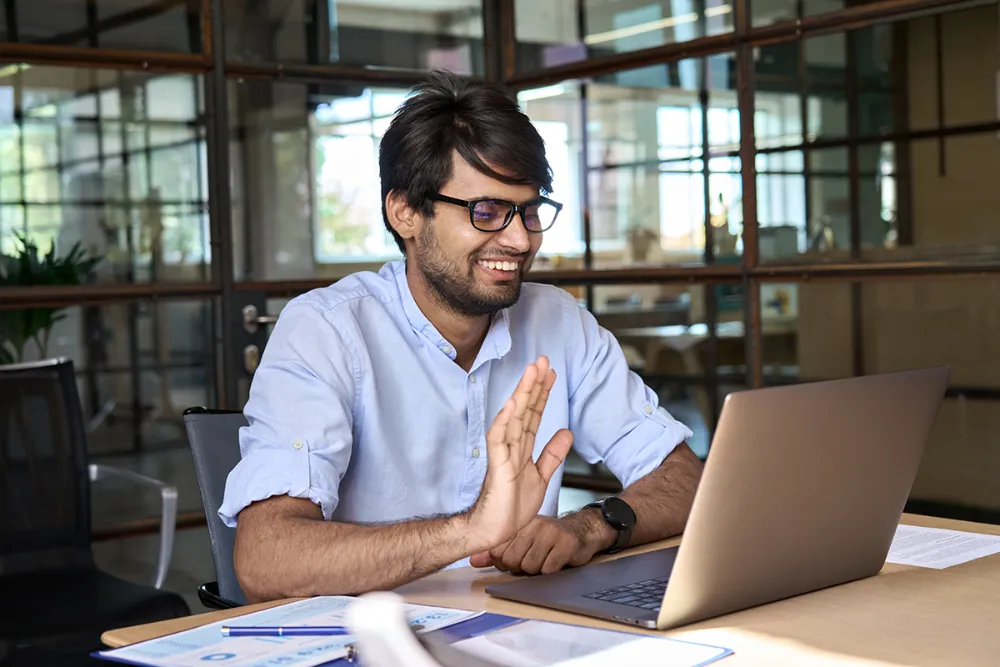 Adult learner on a virtual video call meeting.